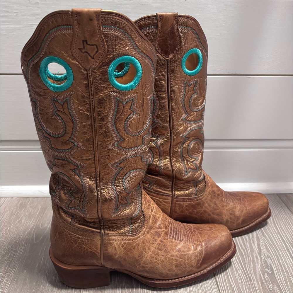 Tecovas Tan Leather Cowboy Boots with Turquoise Trim